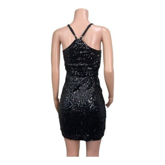 Black Sequin Mini Bodycon Dress With Adjustable Spaghetti Straps - Picture 7 of 13